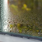 Close-up of water droplets on a glass window, illustrating humidity control for plumbing and HVAC systems.